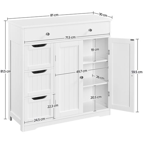Yaheetech Armadietto da Bagno in MDF con Cassetti e Ripiani Regolabili 81 cm × 30 cm × 81,5 cm Mobiletto Indipendente da Terra Mobile Portaoggetti per Soggiorno/Sala da Pranzo Bianco