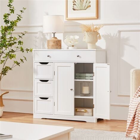 Yaheetech Armadietto da Bagno in MDF con Cassetti e Ripiani Regolabili 81 cm × 30 cm × 81,5 cm Mobiletto Indipendente da Terra Mobile Portaoggetti per Soggiorno/Sala da Pranzo Bianco