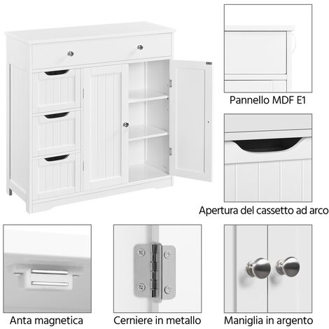 Yaheetech Armadietto da Bagno in MDF con Cassetti e Ripiani Regolabili 81 cm × 30 cm × 81,5 cm Mobiletto Indipendente da Terra Mobile Portaoggetti per Soggiorno/Sala da Pranzo Bianco