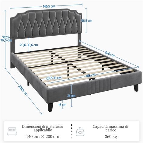 Yaheetech Letto con Testiera Imbottita 31 cm Altezza Regolabile Telaio con Rete a Doghe in Legno e Metallo Scuro Grigio 140 x 200 cm
