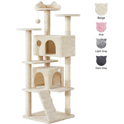 Yaheetech Albero Tiragraffi per Gatti 178 cm con 3 Posatoi 2 Palle 2 Condomini 3 Tiragraffi a Corda di Sisal Gioco Giocattolo Beige