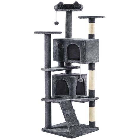 Yaheetech Albero Tiragraffi per Gatti 178 cm con 3 Posatoi 2 Palle 2 Condomini 3 Tiragraffi a Corda di Sisal Gioco Giocattolo Grigio Scuro