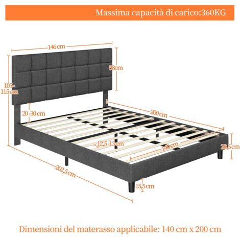 Yaheetech Struttura Letto con Testiera Imbottita Supporto di Doghe in Legno Testiera Quadrata Altezza Regolabile Moderno Scuro Grigio 140 x 200 cm