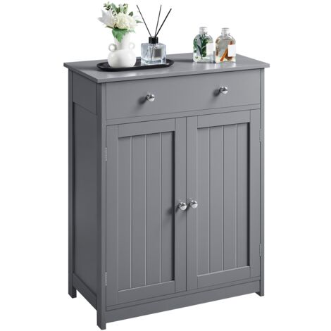 Yaheetech Armadietto da Bagno Autoportante, Mobile da Terra con Ripiano Regolabile 60 x 30 cm × 80 cm, Mobiletto in Legno con 2 Ante e Cassetto, Armadio da Ingresso Portaoggetti Grigio Scuro