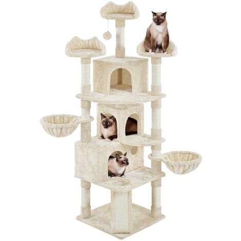 Yaheetech Albero Tiragraffi per Gatti in Truciolato e Corda in Sisal con 3 Casette Beige