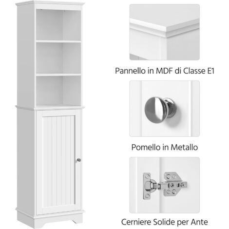 Yaheetech Armadietto da Bagno Indipendente Mobiletto da Terra Portaoggetti Mobile da Bagno Alto con Armadietto e Ripiani Regolabili Bianco 45 x 30 x 153 cm