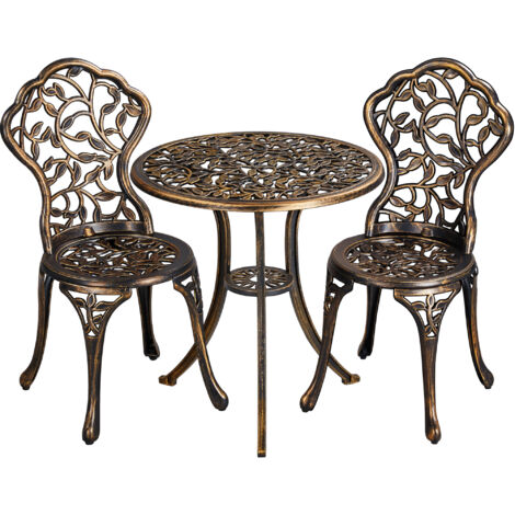 Yaheetech Set di Tavolo e Sedie da Giardino 2 Sedie 3 Pezzi Bistrò Veranda Set Mobili Balcone Motivo a Foglia in Alluminio Bronzo