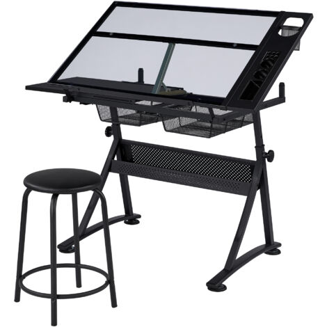 Yaheetech Tavolo da Disegno Inclinabile Pannello in Vetro Regolabile in Altezza Scrivania Artigianale per Riporre gli Oggetti per Arte Tecnico Pittura Lavoro Studio 141 x 60 x 91 cm Nero (1/5)