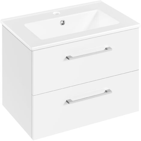 Yaheetech Mobile da Bagno Sospeso con Lavabo Integrato Lavatoio Bianco Moderno in Ceramica con 2 Cassetti Mobiletto con Lavandino Salvaspazio 61x39,5x45,5 cm