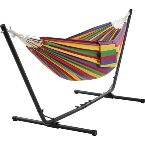 Yaheetech Amaca da Esterno con Supporto Regolabile Carica 200 kg con Borsa di Trasporto in Ferro Poliestere e Oxford per Spiaggia/Pisolini/Campagna/Campeggio/Picnic/Gita Strisce Rainbow