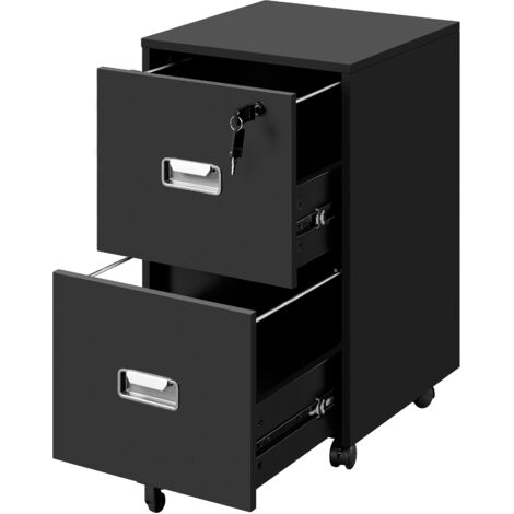Yaheetech Schedario da Ufficio con Serratura e 2 Cassetti Bloccabili Cassettiera per Cartelle Sospese A4 Mobile Portadocumenti per Ufficio con Ruote per Studio Camera Scrivania Nero