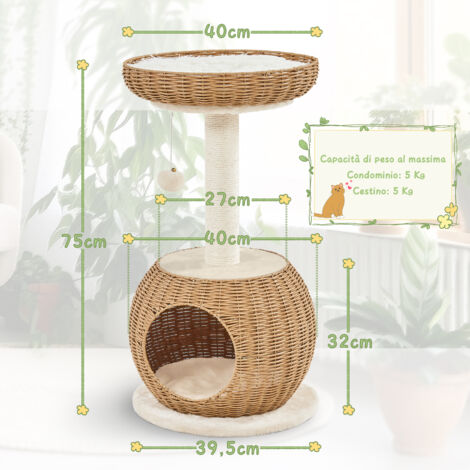 Tiragraffi Per Gatti 75 Cm In Rattan Intrecciato – Cuccia Con Cestino Superiore E Palla Appesa, Beige