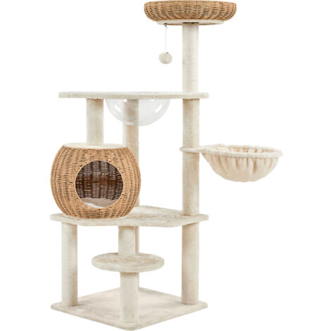 Yaheetech Tiragraffi Albero per Gatti 137cm Cuccia per Gatti in Rattan Intrecciato con Cuscino Cestino Peluche Palla Appesa Gatto Gioco Beige