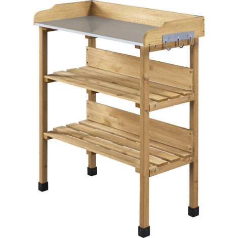 Yaheetech Tavolo da Giardino per Piante in Legno con Gancio Spazioso Banco da Lavoro con Piano in Metallo per Giardinaggio 77 x 37 x 90 cm Marrone