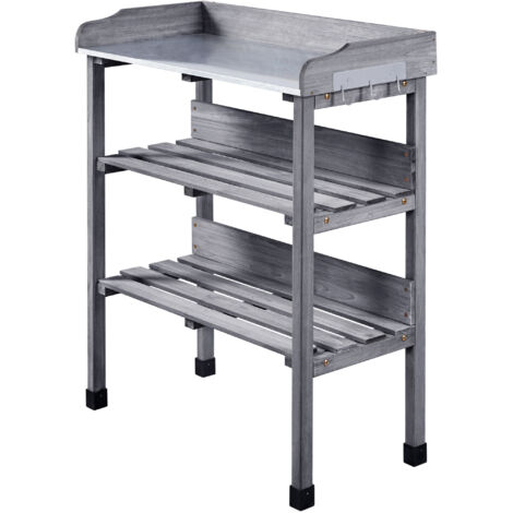 Yaheetech Tavolo da Giardino per Piante in Legno con Gancio Spazioso Banco da Lavoro con Piano in Metallo per Giardinaggio 77 x 37 x 90 cm Grigio