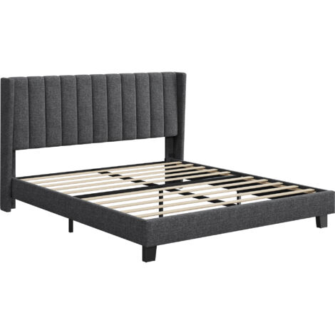 Yaheetech Letto Imbottito Matrimoniale Testiera a Strisce con Rete a Doghe in Legno e Metallo Grigio Scuro 160 x 200 cm