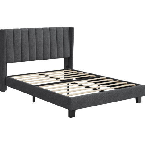 Yaheetech Letto Imbottito Matrimoniale Testiera a Strisce con Rete a Doghe in Legno e Metallo Grigio Scuro 140 x 200 cm