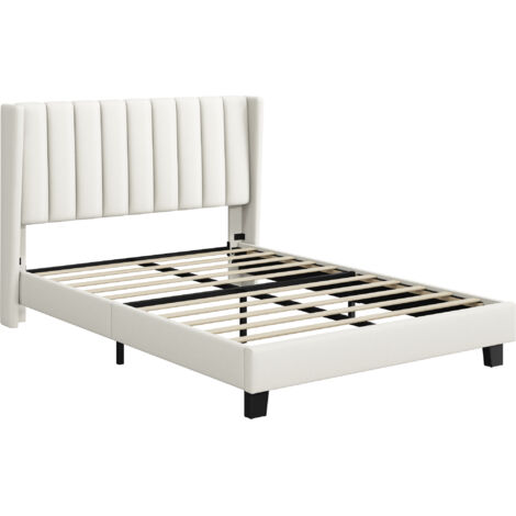 Yaheetech Letto Imbottito Matrimoniale Testiera a Strisce con Rete a Doghe in Legno e Metallo Beige 140 x 200 cm