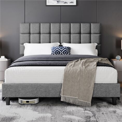 Yaheetech Struttura Letto con Testiera Imbottita Supporto di Doghe in Legno Testiera Quadrata Altezza Regolabile Moderno Chiaro Grigio 160 x 200 cm