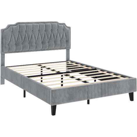 Letto Matrimoniale Yaheetech 140x200cm - Testiera Imbottita In Velluto, Struttura Legno E Metallo Grigio - Foto 12