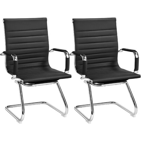 Yaheetech Set 2 Sedie Ufficio Bianche Senza Ruote per Ospiti Visitatori Riunioni Conferenza Ergonomiche in Pelle Sintetica con Schienale e Braccioli Neri