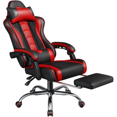 Yaheetech Sedia Gaming Ergonomica Massaggiante Reclinabile con Poggiapiedi Poggiatesta e Supporto Lombare Braccioli Imbottiti in Finta Pelle Poltrona Gamer da Scrivania con Ruote Girevole Rosso
