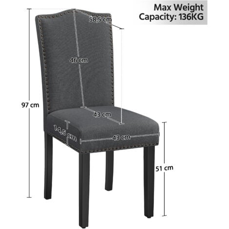 Yaheetech Set Sedie da Pranzo Imbottite Tessuto Classiche Eleganti Gambe  in Legno Massello per Cucina Soggiorno Portata 136 kg Grigio Scuro