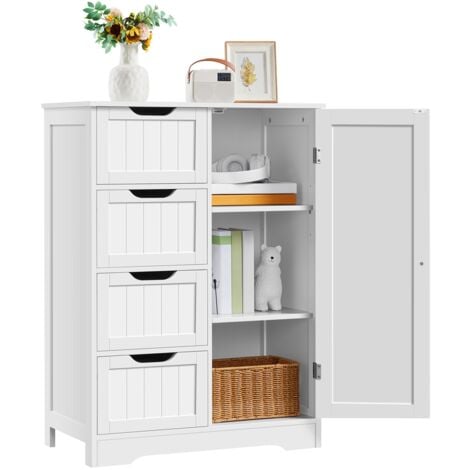 Yaheetech Mobile da Bagno Armadietto Autoportante Salvaspazio Mobiletto Multiuso da Terra in Legno 66 × 35 × 90 cm con 4 Cassetti e Ripiano Regolabile Bianco per Cucina Soggiorno Corridoio