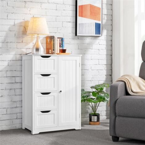 Yaheetech Mobile da Bagno Armadietto Autoportante Salvaspazio Mobiletto Multiuso da Terra in Legno 66 × 35 × 90 cm con 4 Cassetti e Ripiano Regolabile Bianco per Cucina Soggiorno Corridoio