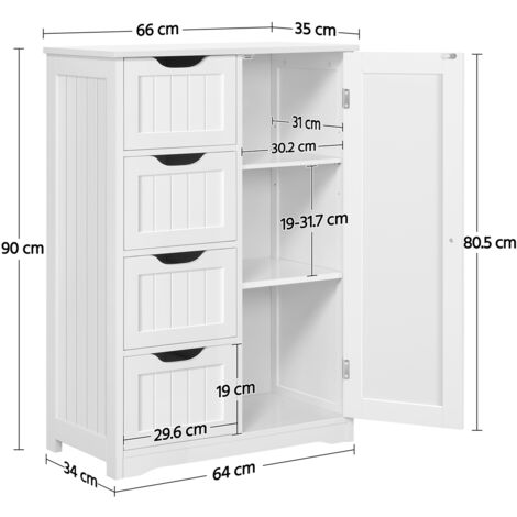 Yaheetech Mobile da Bagno Armadietto Autoportante Salvaspazio Mobiletto Multiuso da Terra in Legno 66 × 35 × 90 cm con 4 Cassetti e Ripiano Regolabile Bianco per Cucina Soggiorno Corridoio