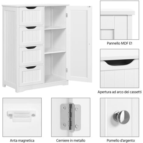 Yaheetech Mobile da Bagno Armadietto Autoportante Salvaspazio Mobiletto Multiuso da Terra in Legno 66 × 35 × 90 cm con 4 Cassetti e Ripiano Regolabile Bianco per Cucina Soggiorno Corridoio