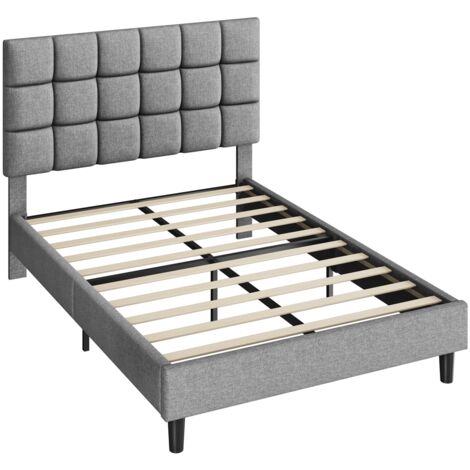 Yaheetech Letto Imbottito 140 x 200 cm con Testiera Quadrata Altezza Regolabile Doghe in Legno Grigio Chiaro