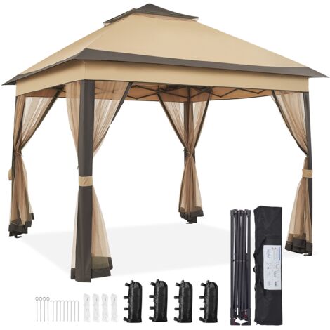 Yaheetech Carpa Cenador de Jardín 3.3x3.3m Cornisa Extendida con 4 Mosquiteras Laterales Cremallera Altura Ajustable de 271-291cm Color Caqui/Marrón