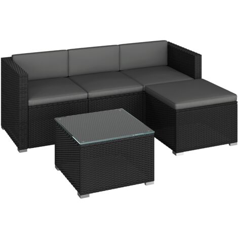 Yaheetech Set di Mobili da Giardino 5 Pezzi in Rettan PE, Divano a 3 Posti e Poggiapiedi con Cuscini, Tavolino in Vetro per Patio Balcone Terrazza Nero/Grigio