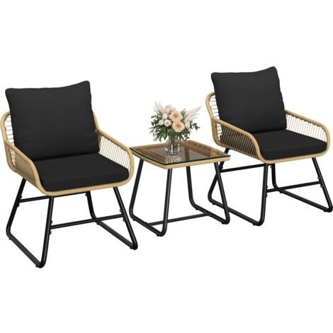 Yaheetech Set da Giardino 3 Pezzi in Rettan PE 2 Poltrone con Braccioli Cuscini e Tavolino in Vetro per Balcone Veranda Cortile Beige/Nero