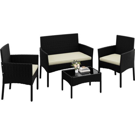 Yaheetech Set di Mobili per Esterni 4 Pezzi in Rattan PE con Divano 2 Poltrone e 1 Tavolo in Vetro Set di Conservazione per Balcone Giardino Nero/Beige