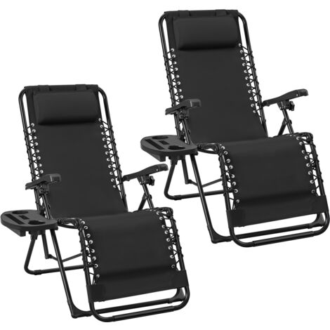 Yaheetech Set di 2 Sdraio da Giardino a gravità Zero Sedie Pieghevoli con Portabicchieri e Poggiatesta Design Ergonomico per Cortile Piscina Spiaggia Nero