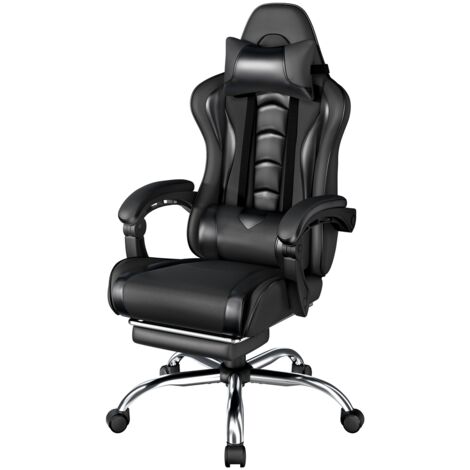 Yaheetech Sedia Gaming Ergonomica Massaggiante Reclinabile con Poggiapiedi Poggiatesta e Supporto Lombare Braccioli Imbottiti in Finta Pelle Poltrona Gamer da Scrivania con Ruote Girevole Nero