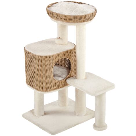 Yaheetech Albero Tiragraffi per Gatti XXL in PE Rattan, Piattaforma e Casetta 10kg con Cuscini, Ideale per Gatti Grandi, 91×49×41 cm, Beige