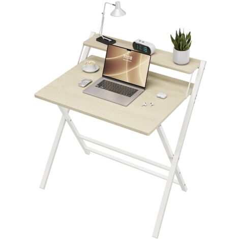 Yaheetech Scrivania Pieghevole per Computer a 2 Livelli Tavolo Pieghevole in Legno Moderno Design Scrivania Salvaspazio Compatto Tavolino con Ripiano per Monitor Legno Chiaro