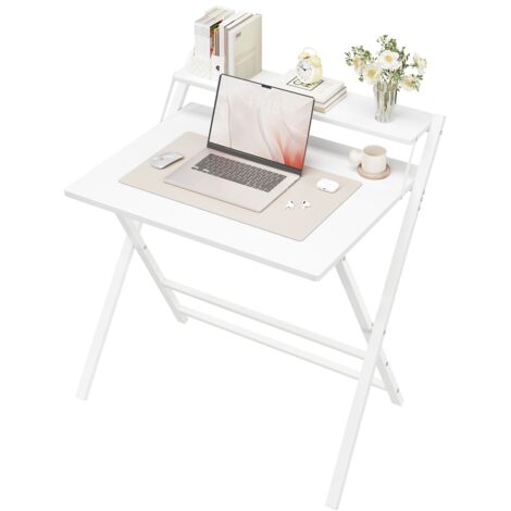 Yaheetech Scrivania Pieghevole per Computer a 2 Livelli Tavolo Pieghevole in Legno Moderno Design Scrivania Salvaspazio Compatto Tavolino con Ripiano per Monitor Bianco