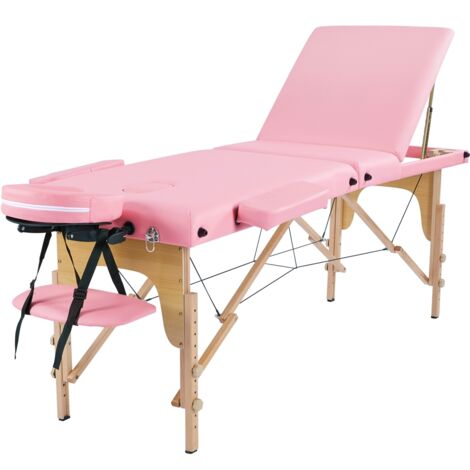 Yaheetech Lettino Massaggio Portatile Pieghevole a 3 Zone in Legno Faggio per Fisioterapia Portata 250 kg Altezza Regolabile Poggiatesta e Braccioli Rimovibili con Sacchetto per Polvere Rosa