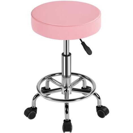 Yaheetech Sgabello con Ruote, Regolabile in Altezza, Sedia Rotondo Estetista con Rotelle Girevole, per Salone Toeletta Trucco Parrucchiere Poltrona Pedicure in Ecopelle (Rosa)