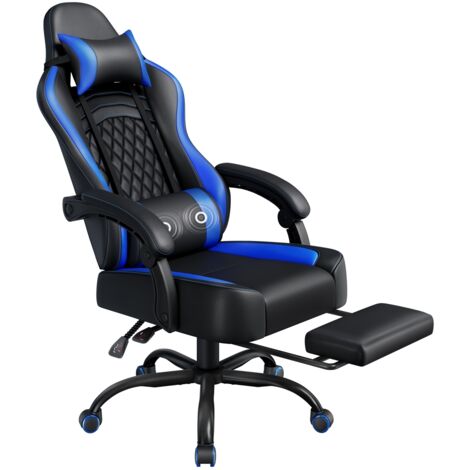 Yaheetech Sedia da Gaming Massaggiante, Sedia da Ufficio con Poggiatesta, Poggiapiedi e Cuscino Lombare, 360° Girevole, Regolabile in Altezza, Poltrona Gaming per Computer, Ufficio (Nero/Blu)