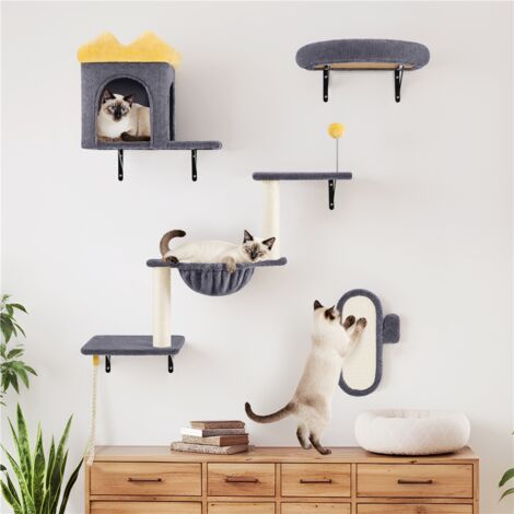 Yaheetech Parete da Arrampicata per Gatti, Set di 4 Mensole da Parete con Tiragraffi, Casetta, Cesta e Palla Sospesa, Mobili da Parete per Gatti in Peluche per Dormire e Giocare Beige