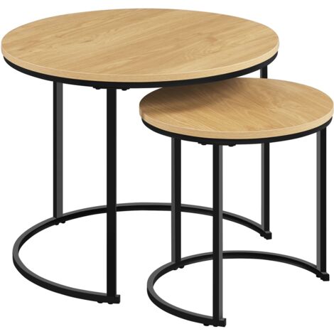 Set Di 2 Tavolini Da Caffè In Stile Rustico – Ovale E Rotondo – Con Gambe In Ferro – Marrone