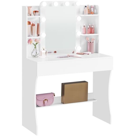 Yaheetech Toeletta Trucco, Postazione Trucco con Specchio e 10 Luci LED a Luminosità Regolabile, Tavolo da Toeletta Salvaspazio con 1 Cassetto Grande e 4 Ripiani, Moderno, 90x40x135,5cm (Bianco)