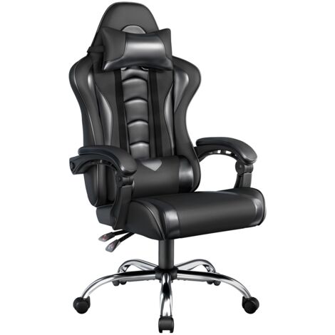 Yaheetech Sedia Gaming Ergonomica Massaggiante Reclinabile con Poggiatesta e Supporto Lombare Braccioli Imbottiti in Finta Pelle, Poltrona Gamer da Scrivania con Ruote Girevole Nero