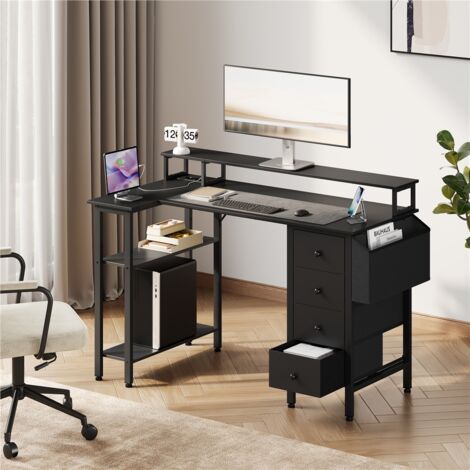 Yaheetech Scrivania per Computer a Forma di L con Prese di Corrente Scrivania Angolare per Ufficio con Supporto per Monitor Scaffale Laterale e 4 Casetti 120 cm Nero