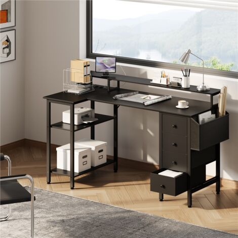 Yaheetech Scrivania per Computer a Forma di L con Prese di Corrente Scrivania Angolare per Ufficio con Supporto per Monitor Scaffale Laterale e 4 Casetti 140 cm Nero